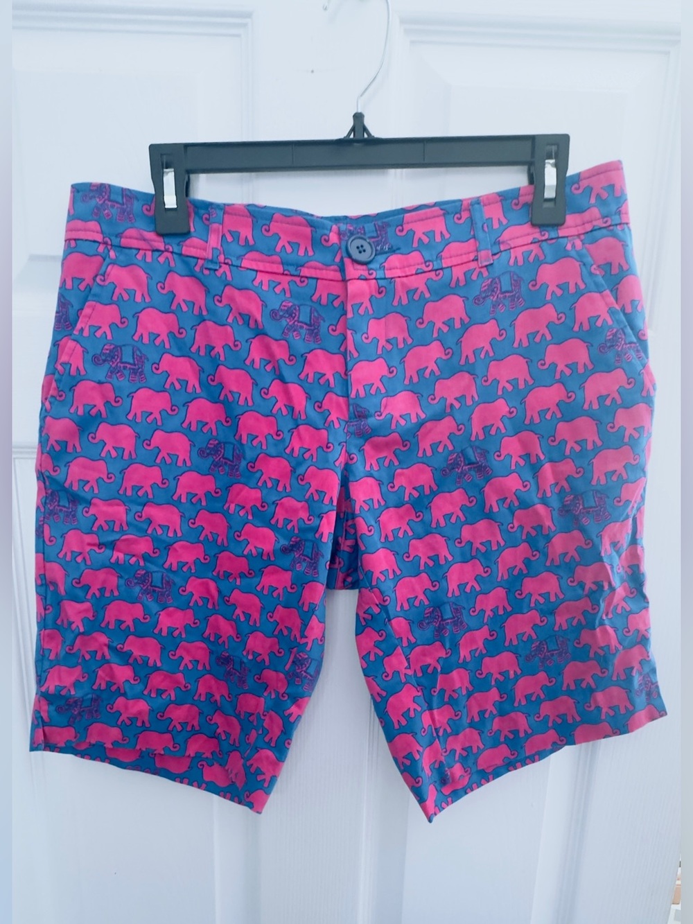 Tracy Negoshian Blue Shorts with Pink Elephant Print